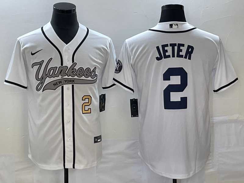 Men%27s New York Yankees #2 Derek Jeter Number White Cool Base Stitched Baseball Jersey